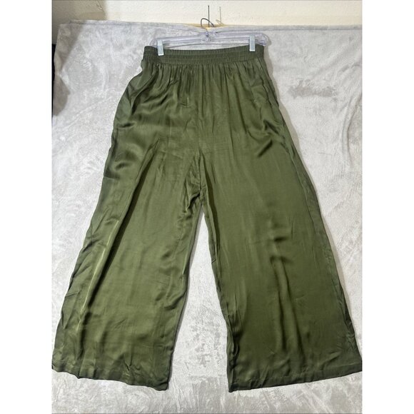 L’AGENCE Women’s Medium Olive Green Satin Wide Leg Pull On Pants Elastic Waist